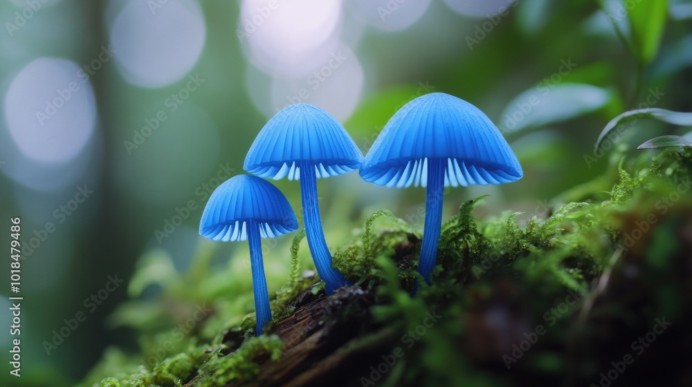 Vibrant blue mushroom caps atop a mossy snag displaying stunning detailed close up with selective focus on the unique fungi Vibrant blue mushroom caps atop a mossy snag displaying stunning detailed close up with selective focus on the unique fungi