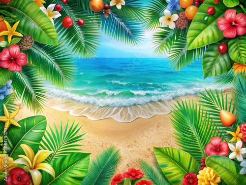 A lively beach border adorned with tropical elements and soft wave patterns, perfect for creative projects and prints, offering a bright and fresh aesthetic.
