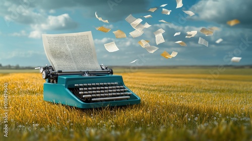 Vintage typewriter with pages flying away in a windy, open field photo