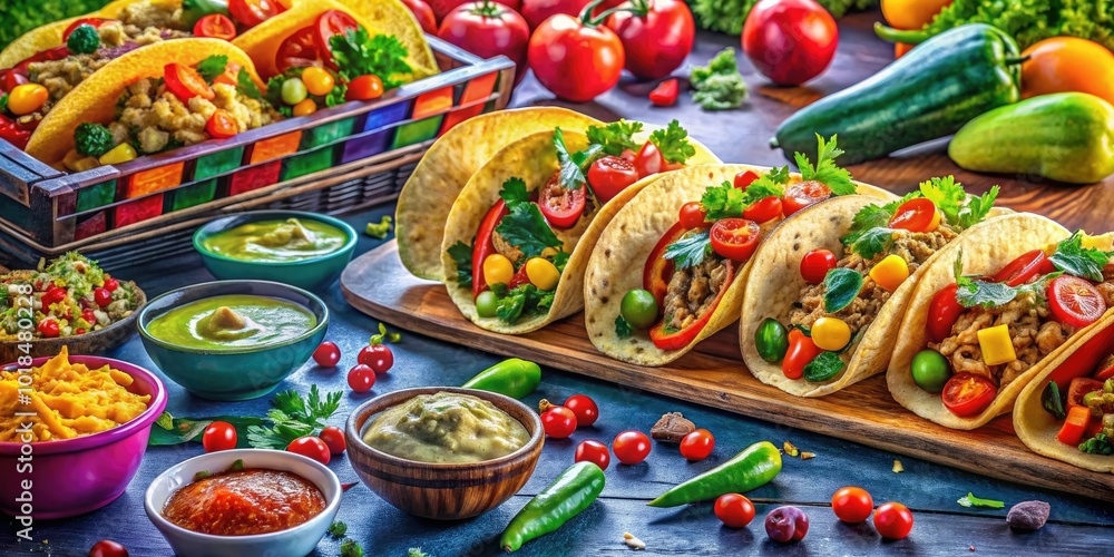 Fototapeta premium A lively Mexican food truck ambiance filled with delicious tacos, burritos, and a rainbow of fresh ingredients, all ready to delight hungry customers.