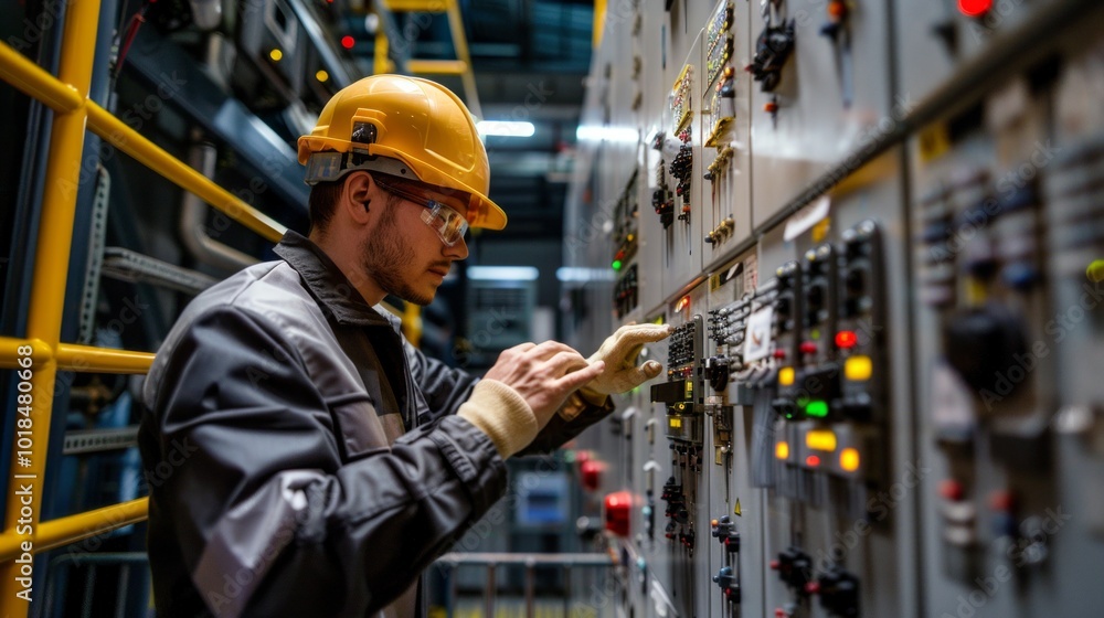 Worker in safety gear adjusts control panel in formal, safe manufacturing setting. Yellow hard hat, gloves, and uniform highlight emphasis on safety. Worker in safety gear adjusts control panel in formal, safe manufacturing setting. Yellow hard hat, gloves, and uniform highlight emphasis on safety.