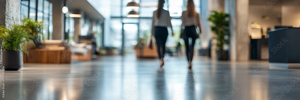 Modern office hallway with sleek design: polished floors reflect overhead lighting, potted plants add greenery, and two colleagues walk together towards exit. Modern office hallway with sleek design: polished floors reflect overhead lighting, potted plants add greenery, and two colleagues walk together towards exit.