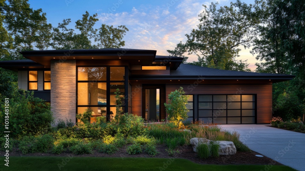 Modern Home with Illuminated Windows and Stone Facade at Dusk Modern Home with Illuminated Windows and Stone Facade at Dusk