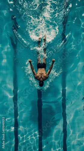 A man in a black swimsuit and hat swims underwater in a clear blue pool, creating ripples. Viewed from above, tiles add to the serene scene.