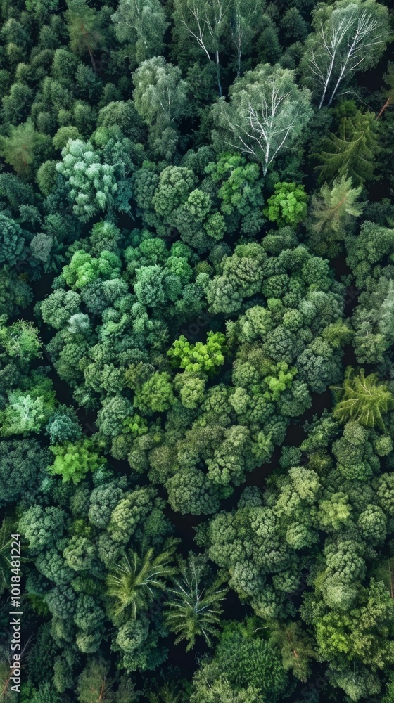 Aerial view of diverse forest - lush, varied canopy with birch and palm trees. Vibrant ecosystem visible from above. Aerial view of diverse forest - lush, varied canopy with birch and palm trees. Vibrant ecosystem visible from above.