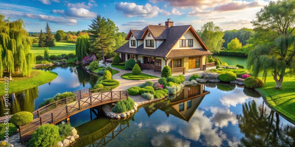 Beautiful isometric house surrounded by pond, bridge, and lush greenery on a sunny summer day, isometric, house, pond Beautiful isometric house surrounded by pond, bridge, and lush greenery on a sunny summer day, isometric, house, pond