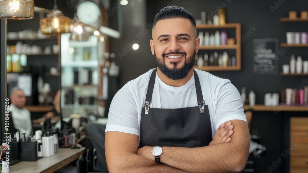 Obraz premium Confident male barber smiling while standing in his stylish barbershop.