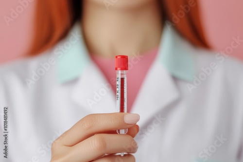 A woman in a pink sweater holding a syringe, hinting at medical or cosmetic procedures, with a soft focus on the pink background.