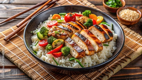 Delicious Asian-inspired rice dish with grilled chicken and vegetables , Asian cuisine, rice dish, grilled chicken