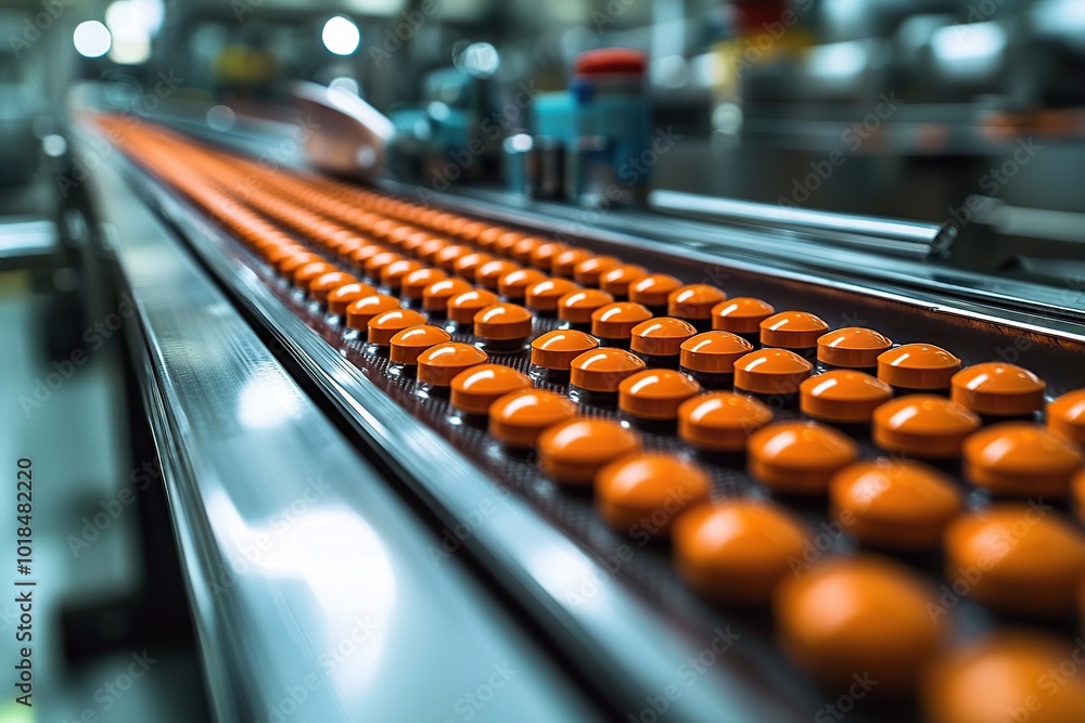 Automated Assembly Line of Orange Tablets in Pharmaceutical Manufacturing Automated Assembly Line of Orange Tablets in Pharmaceutical Manufacturing