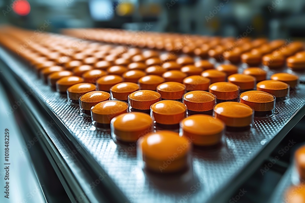 Obraz premium Automated Assembly Line of Orange Tablets in Pharmaceutical Manufacturing