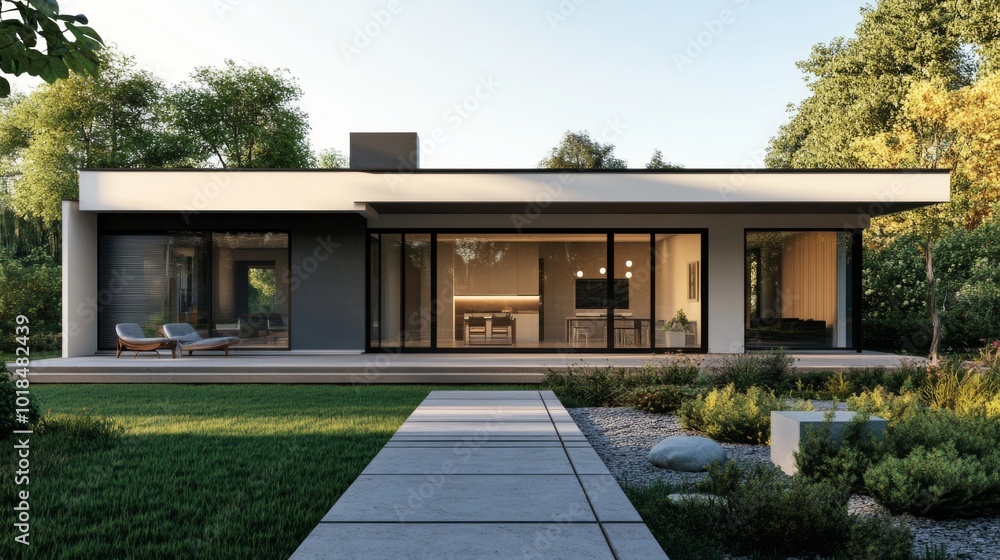 Modern House with Large Windows and a Patio in a Green Landscape Modern House with Large Windows and a Patio in a Green Landscape