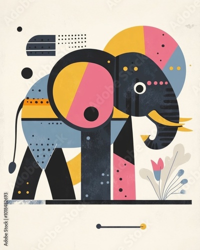 Minimalist animal poster featuring a stylized elephant design with bold geometric patterns and clean lines in soft pastel color tones  This digital creates a modern abstract photo