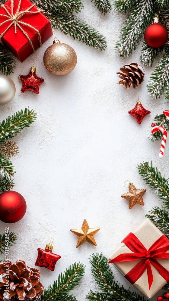 Festive Christmas border with evergreen branches, ornaments, and wrapped gifts framing white space, perfect for holiday greetings or seasonal designs. Festive Christmas border with evergreen branches, ornaments, and wrapped gifts framing white space, perfect for holiday greetings or seasonal designs.