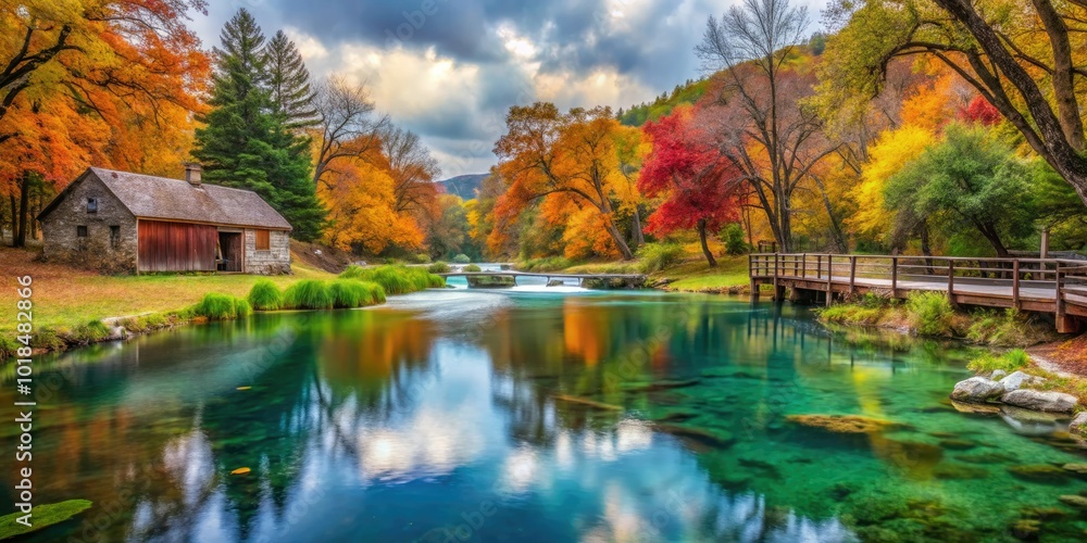 Fototapeta premium Alley Springs, Missouri captivates with its autumnal charm, where colorful foliage dances above serene waters, creating a peaceful retreat into nature’s breathtaking landscape.