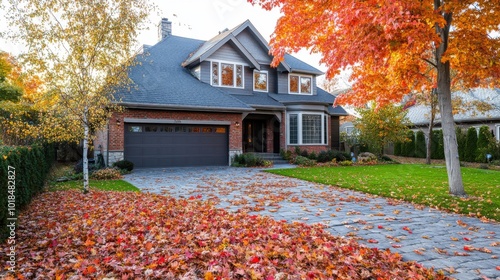 Brick House with a Garage and a Cobblestone Driveway in Autumn