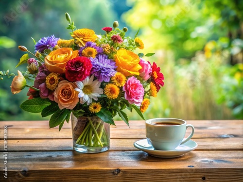 Wallpaper Mural A lovely floral arrangement rests beside a steaming cup of coffee on a rustic wooden table, illuminated by warm natural light streaming in. Torontodigital.ca