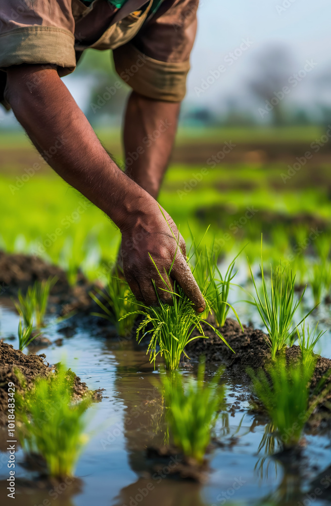Closeup of Indian Farmer’s Hands Tending to Rice Seedlings in Water-logged Fields, Symbolizing Agricultural Activity Closeup of Indian Farmer’s Hands Tending to Rice Seedlings in Water-logged Fields, Symbolizing Agricultural Activity