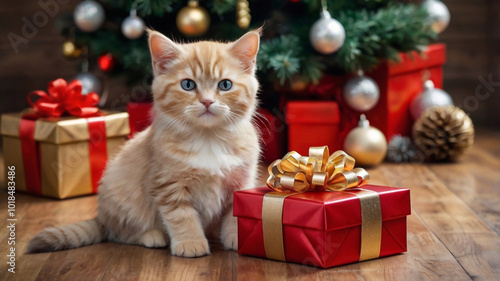 Cute cat and dog puppy with christmas gift boxes on wooden floor, Christmas concept 