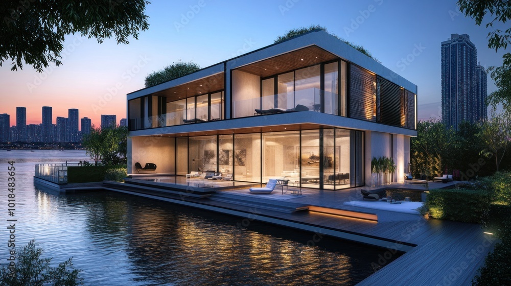 Modern minimalist house by the river, architecture 3d Rendering, AI generated image Modern minimalist house by the river, architecture 3d Rendering, AI generated image