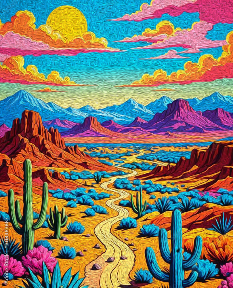 Oil paint. Landscape in the desert. Pattern for printing on wall decorations, covers Oil paint. Landscape in the desert. Pattern for printing on wall decorations, covers
