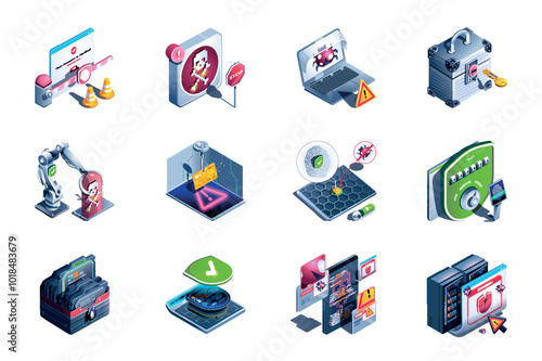 Cyber security web concept of 3d isometric icons set in isometry design. Firewall shield, stop bugs and viruses, access with key, warning danger, computer technology, other. Vector illustration.