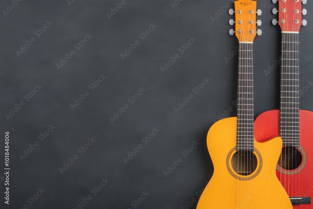 Fototapeta premium Close-up of a child playing an acoustic guitar, wearing a yellow jacket.