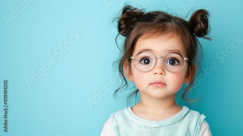 A cute child wearing large round glasses, looking surprised in black and white.