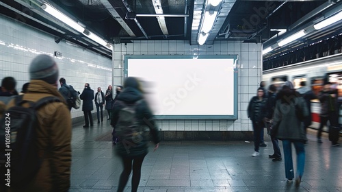 Bustling underground metro station with commuters passing by a large blank white billboard, capturing urban transit atmosphere and advertising potential. photo