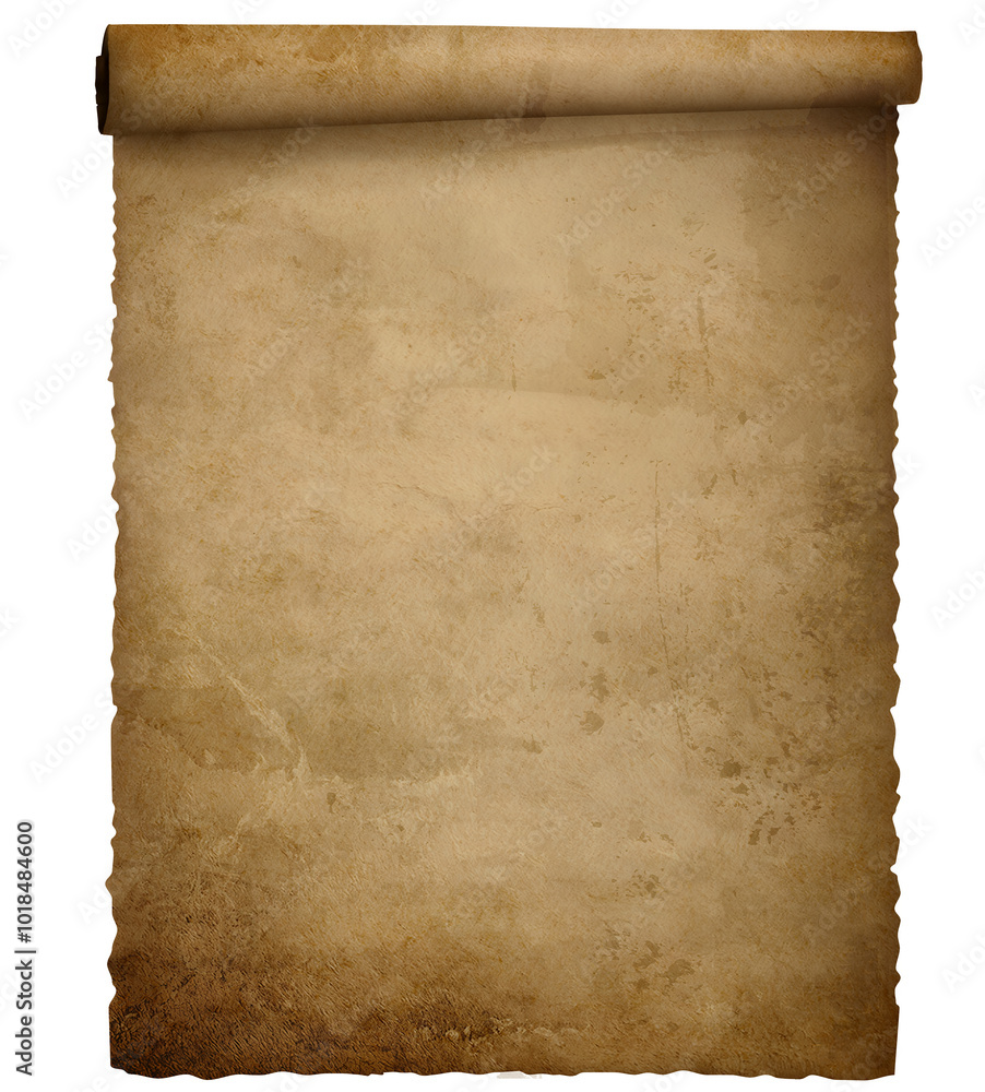 Fototapeta premium Old paper background, Paper treasure map. Old parchment scroll. Papyrus, Ancient manuscript. Antique document. Vintage torn sheets. Historical curled page, 3d illustration, 3d rendering