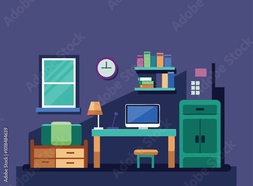 Colorful Flat Design of a Study Desk with Books and Files - Home Office or Library Concept