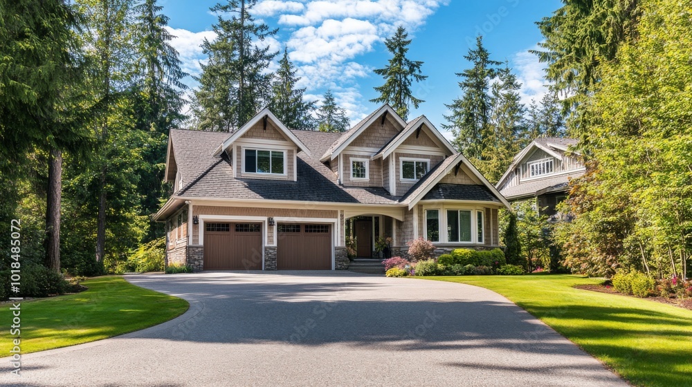 A Modern House with a Long Driveway and Surrounding Greenery A Modern House with a Long Driveway and Surrounding Greenery
