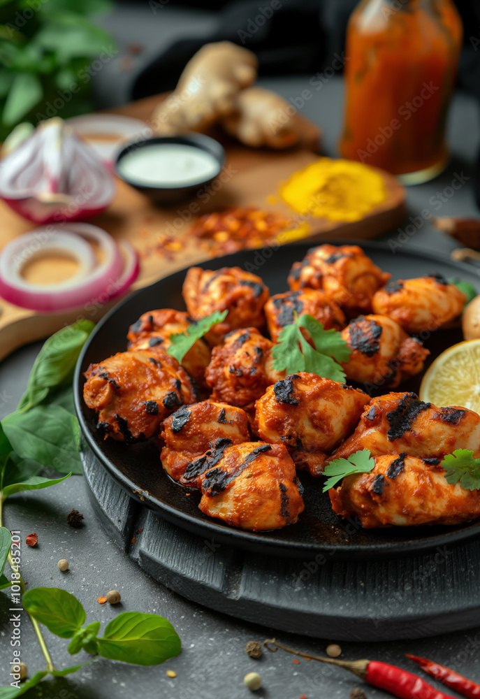 Tandoori Chicken on Black Plate with Spices and Sauces on Grey Concrete Table Tandoori Chicken on Black Plate with Spices and Sauces on Grey Concrete Table