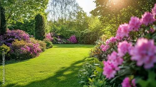 Beautiful spring garden. The garden's blossoming blooms are emphasized by the verdant lawn. A wide variety of vibrant blooms and expansive vistas of breathtaking scenery.