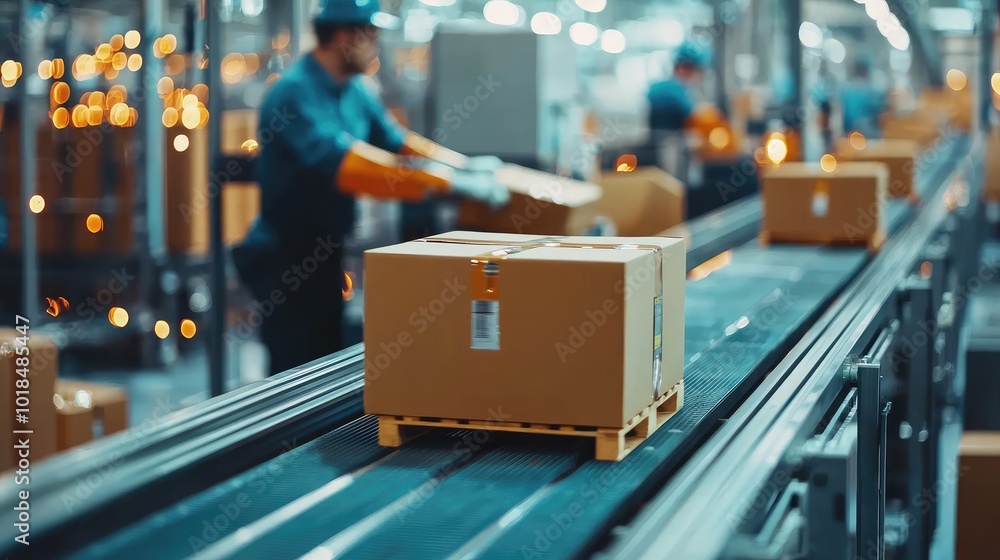 A busy warehouse with packages moving along a conveyor belt, showcasing modern logistics and efficient material handling processes. A busy warehouse with packages moving along a conveyor belt, showcasing modern logistics and efficient material handling processes.