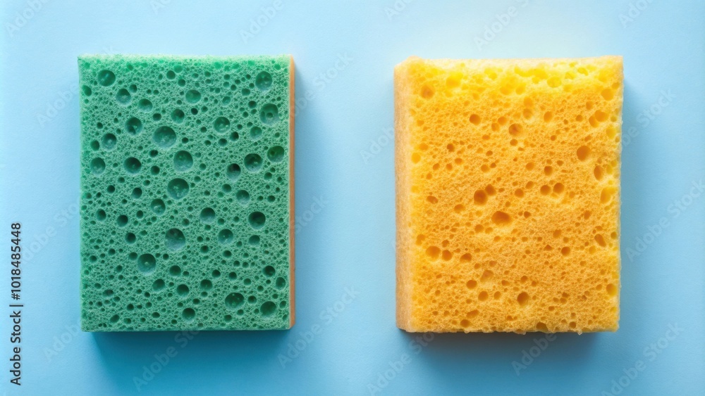 A comparison of a clean and new dishwashing sponge to a dirty and used one, dirty, used, clean, new, dishwashing A comparison of a clean and new dishwashing sponge to a dirty and used one, dirty, used, clean, new, dishwashing