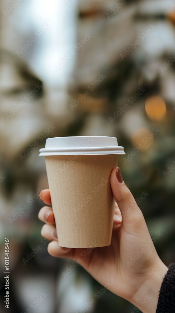 A hand holding a disposable coffee cup against a blurred background of twinkling lights, creating a cozy and inviting atmosphere for a warm beverage. A hand holding a disposable coffee cup against a blurred background of twinkling lights, creating a cozy and inviting atmosphere for a warm beverage.