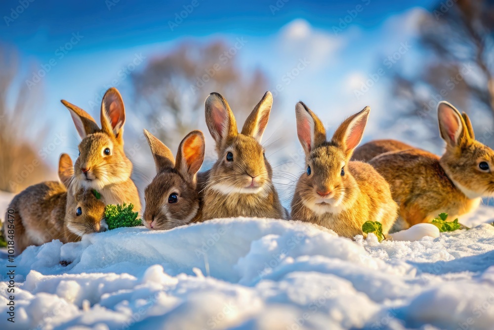 Fototapeta premium Amidst a snowy landscape, lively rabbits dart playfully, foraging beneath a blanket of snow, their fluffy tails bobbing as they uncover hidden morsels and frosty delights.