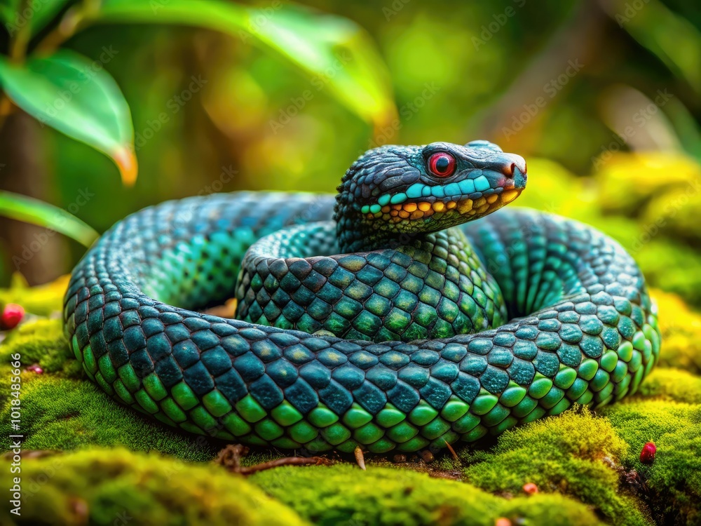 Amidst dense foliage, the mesmerizing Black Forest Viper coils gracefully, blending seamlessly into its lush habitat, a stunning embodiment of natureâ€™s artistry and survival.