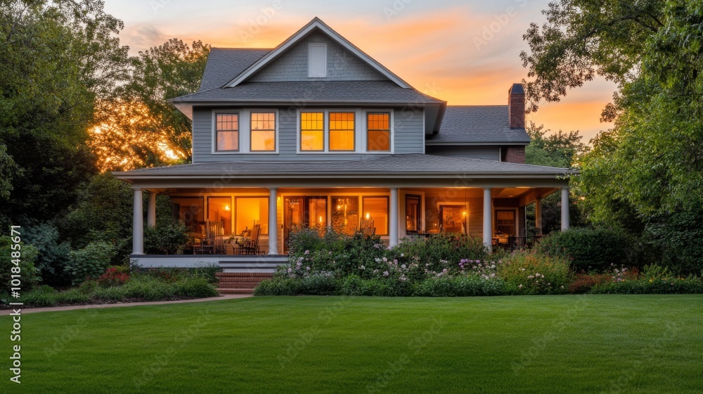 A Gray Victorian House with a Front Porch Illuminated at Sunset A Gray Victorian House with a Front Porch Illuminated at Sunset