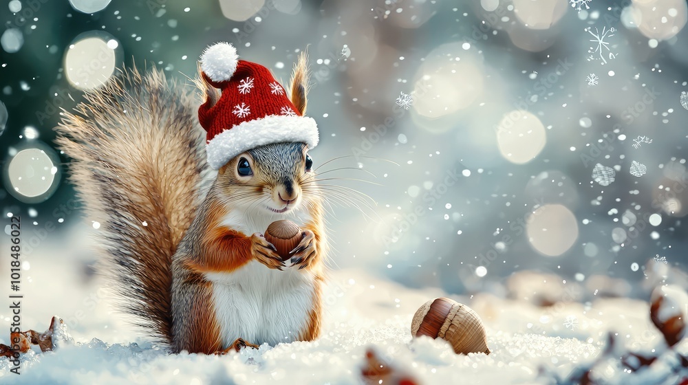 A charming squirrel wearing a Santa hat, surrounded by falling snow and a winter wonderland atmosphere, perfect for holiday themes. A charming squirrel wearing a Santa hat, surrounded by falling snow and a winter wonderland atmosphere, perfect for holiday themes.