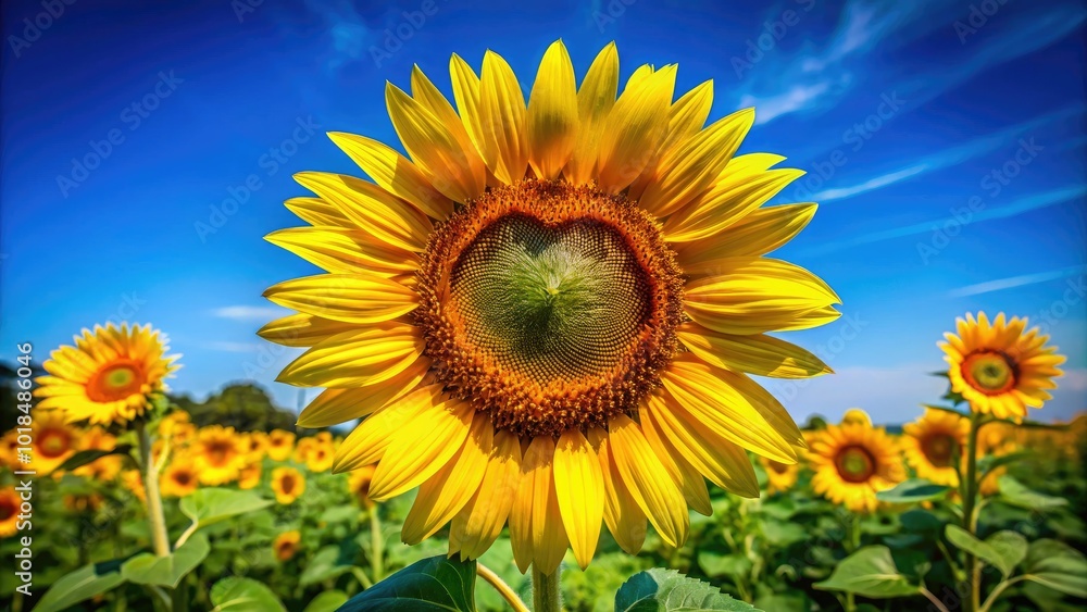 Amidst the greenery, a heart-shaped sunflower unfurls beautifully under a brilliant sun, showcasing its vibrant hue against a backdrop of blue skies and sunshine.