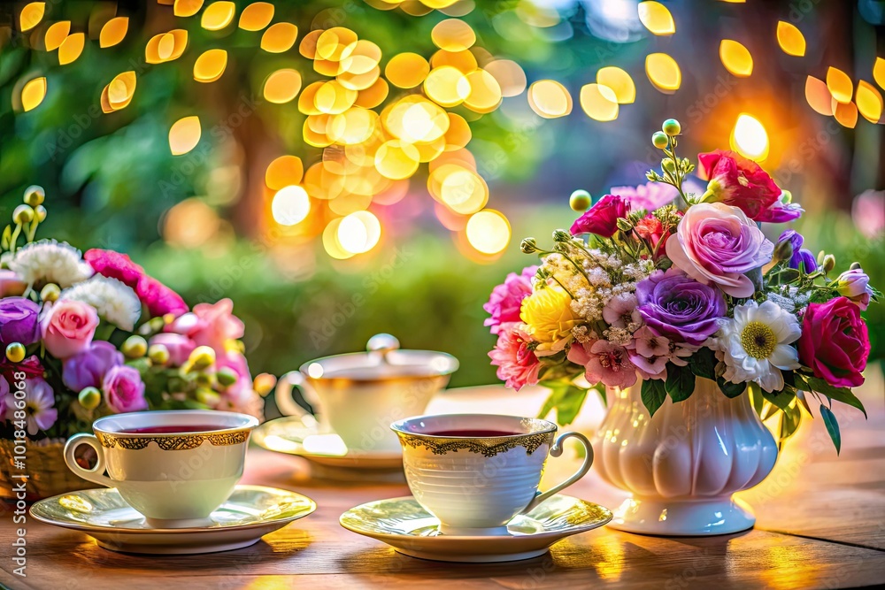 Elegant Tea Party Setup with Beautiful Floral Arrangements and Delicate Teacups on a Table Elegant Tea Party Setup with Beautiful Floral Arrangements and Delicate Teacups on a Table