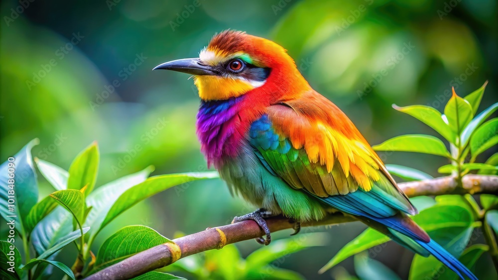 Amidst vibrant greenery, a radiant rainbow-beaked bird rests on a branch, embodying the beauty of its natural habitat with brilliant colors and lively charm. Amidst vibrant greenery, a radiant rainbow-beaked bird rests on a branch, embodying the beauty of its natural habitat with brilliant colors and lively charm.