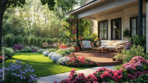 A charming cottage porch surrounded by a lush garden with flowering bushes and a grassy lawn.