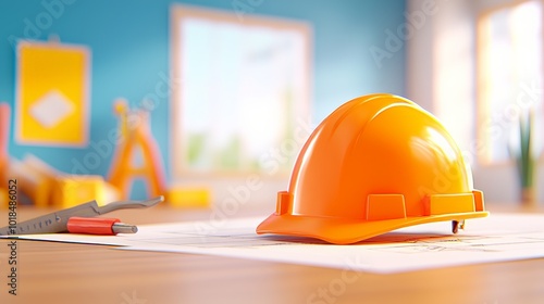 A bright orange construction helmet resting on a set of blueprints inside a well-lit workspace.