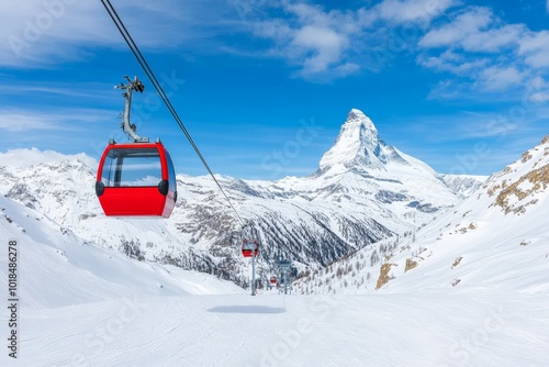 Yellow ski lift cabin gliding above snow-covered mountains with the iconic Matterhorn in the background on a bright, sunny day.