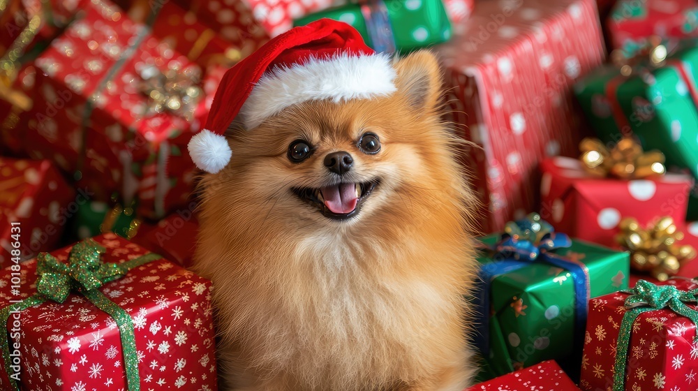 A cheerful pomeranian dog wearing a Santa hat surrounded by colorful Christmas gifts, capturing the festive spirit of the holidays. A cheerful pomeranian dog wearing a Santa hat surrounded by colorful Christmas gifts, capturing the festive spirit of the holidays.