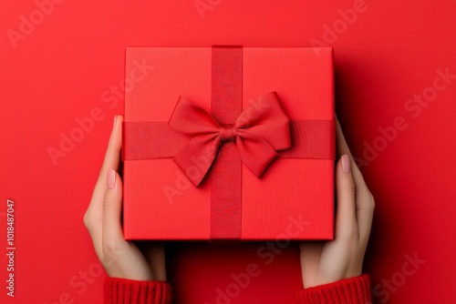 Elegant red gift box with a bow, held by hands on a red background, symbolizing celebration and holiday giving.