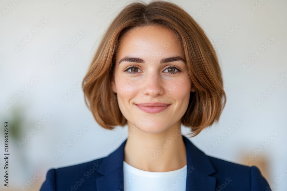 Confident young woman with a neat bob hairstyle, dressed in a navy blazer, smiling warmly in a bright, professional indoor setting. Confident young woman with a neat bob hairstyle, dressed in a navy blazer, smiling warmly in a bright, professional indoor setting.